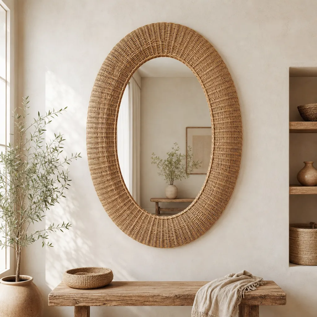 Grand Miroir Mural Ovale en Rotin